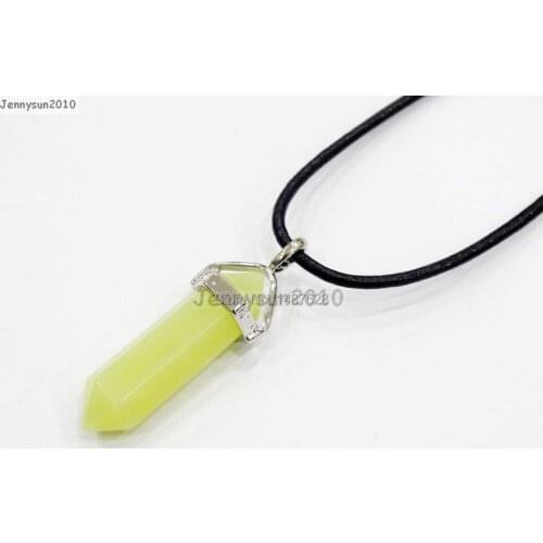 Natural Lemon Ja-de Gems Stones Hexagonal Pointed Healing Reiki Chakra Pendant Black Leather Cord Necklace 18''lnch 5 Sets/Pack