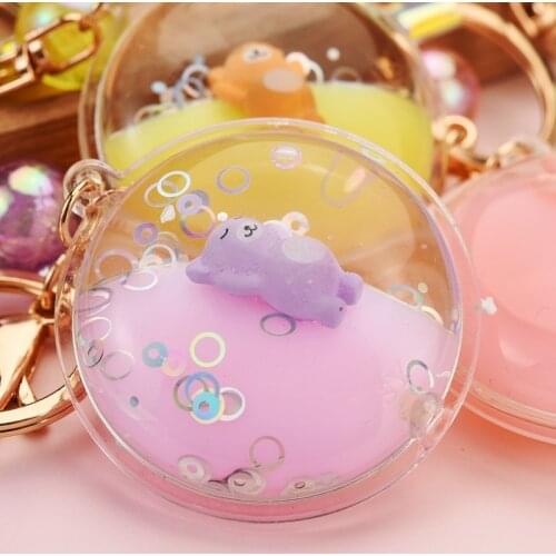 New Jelly Disc Liquid Keychain Cute Doll Bear Oil Floating Key Ring Magic Color Leather Rope Bag Car Pendant Key Holder Gifts