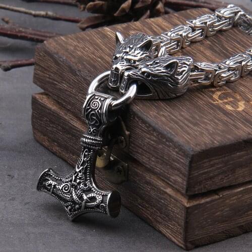 Stainless Steel Wolf Head with Square Chain Necklace thors hammer mjolnir viking necklace with wooden box as boyfriend gift