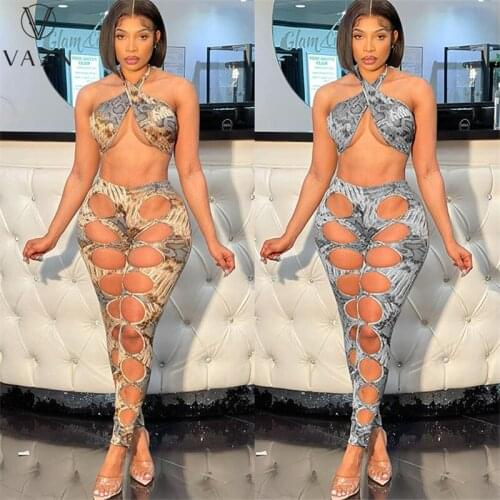 VAZN 2021 Special Print Street Style Sexy Sleeveless Bikini Print 2 Piece Set Pencil 2pcs Set Women Top And Pant Summer