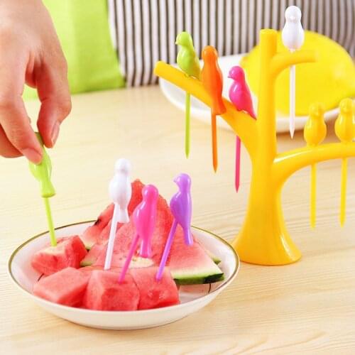 7pcs/set Fruit sign Birdie Birds Tree Shape Fruit fork Environmental protection Set Easy to place Dessert Forks Vegetable Fork