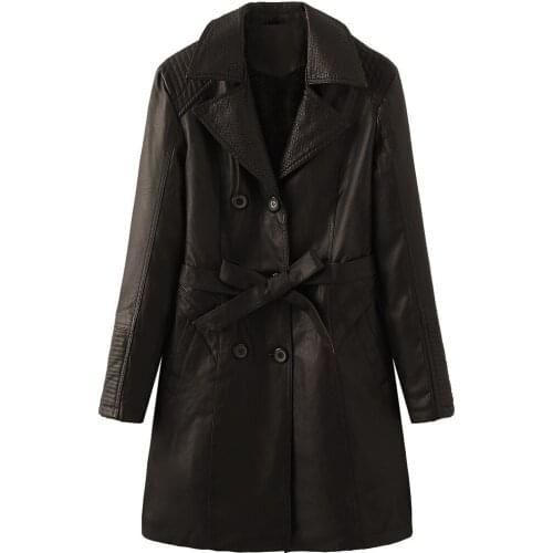 Women Faux Leather Fur Jacket Plus Velet Belt Windbreaker Black Long Coat Fashion Personality Winter Jackets Casual