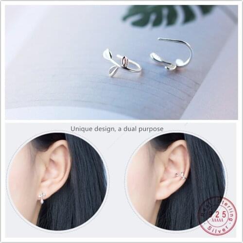 WANTME Trendy Korean 100% 925 Sterling Silver Leaf Stud Earrings for Women Girls Punk Minimalist Leaves Ear Hook Jewelry Brincos