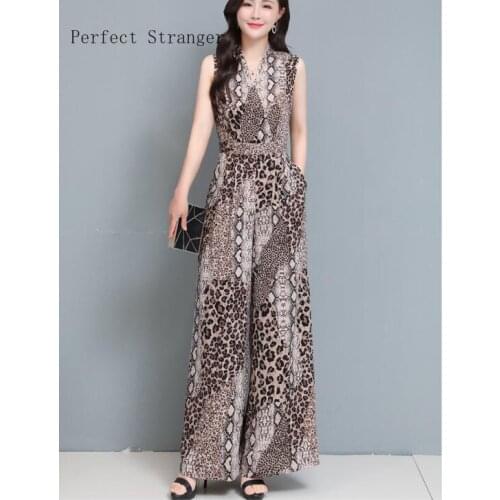 2021 Summer New Arrival High Quality Hot Sale V Collar Leopard Sleeveless Women Chiffon Jumpsuit S-3XL