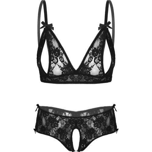 Womens Female Sexy Lingerie Padded Embroidered Lace Exotic Sets Open Nipples Bra Unlined Side Split Crotchless Sissy Underwear