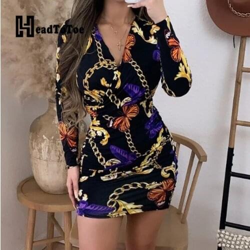 Chain Print V Neck Long Sleeve Slim Mini Dress Women Casual Spring Autumn Dress