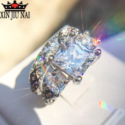 2/pcs Luxury Chic Ladies AAA Zircon Rings Set Big gem Jewelry Silver Color Engagement Wedding Ring for Women bijoux femme