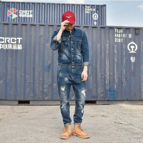 2020 new fashion mens Set casual jumpsuit tooling denim pants blue jacket jumpsuit overalls vintage singer costume M--XXL