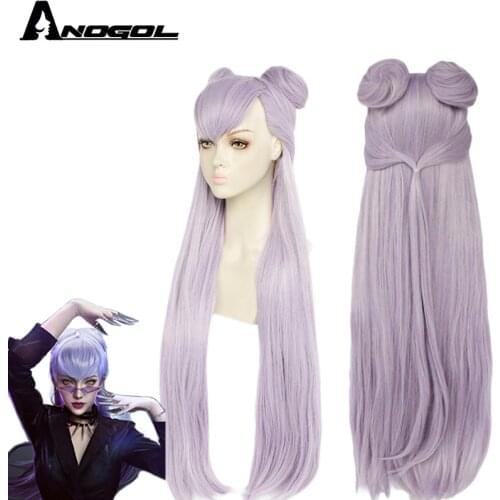 ANOGOL Wig KDA Baddest Evelynn Cosplay Wigs LOL KDA Cosplay Long Purple Wig with Buns Heat Resistant Synthetic Hair Game Cosplay