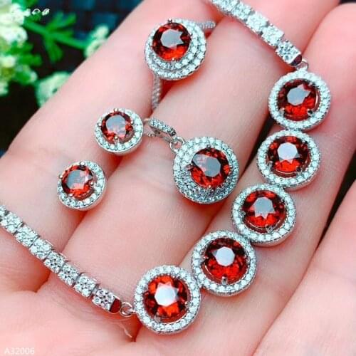 925 Sterling Silver Natural Garnet Girl Bracelet Ring Pendant Earrings 4 Piece Set Round New Fashion Support Test