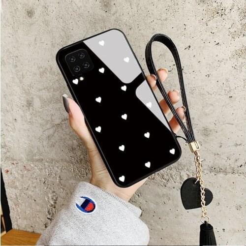 For Samsung A12 A72 A02S A21S A52 A42 Case Love Heart Tempered Glass Case For Samsung A71 A51 5G Tassel Lanyard Back Cover