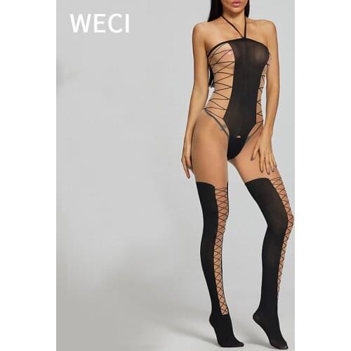WECI Bodystocking Sexy Hot Erotic Bodies Femme Open Crotch Pantyhose For Women Ripped Tights Mesh Fleece Effect Female Underwear