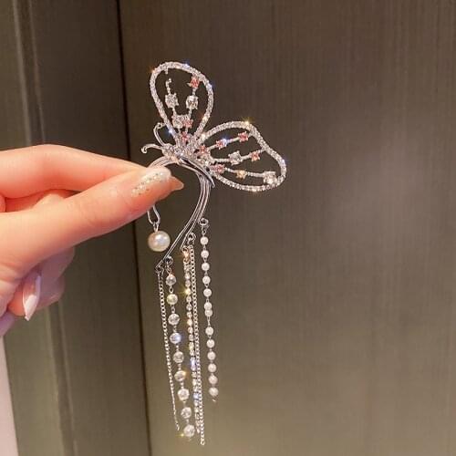 FYUAN Long Tassel Rhinestone Earrings Butterfly Crystal Ear Hook Earrings for Women Wedding Party Jewelry
