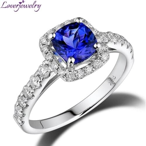 LOVERJEWELRY NEW Style Cushion 6mm 18Kt White Gold Natural Diamond Tanzanite Engagement Ring SR00234