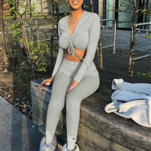 Fashion Women Two Pieces Set Knit Crop Top with Fitness Leggings Pants Lounge Wear Workout Tracksuit Casual Outfits Set