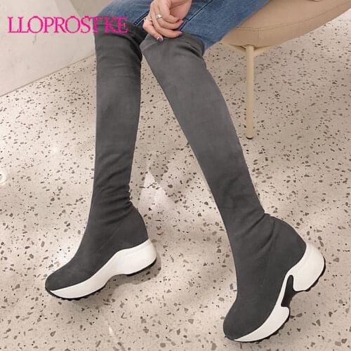 Lloprost ke 2020 Wedges Warm Fur Round Toe Women Shoes Stretch Fabrics Over The Knee Boots Autumn Winter Casual Long Boots