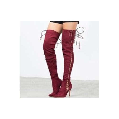 Fashion Woman Shoes Autumn Winter 2018 Red Suede Leather Lace-up Over The Knee Boot Pointed Toe Side Cross Tied Tight High Boot