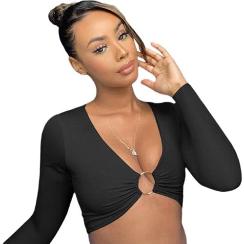 2020 Fashion Women’s Summer Long-sleeved Crop Top Solid Color Hollow Ring Exposed Navel T-shirt Skinny Sexy Ladies New Tees