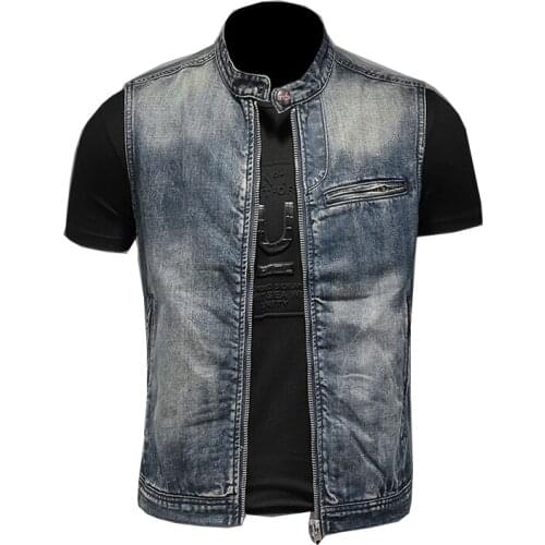 Summer 2021 retro jeans mens slim high-neck zipper blue sleeveless denim jacket