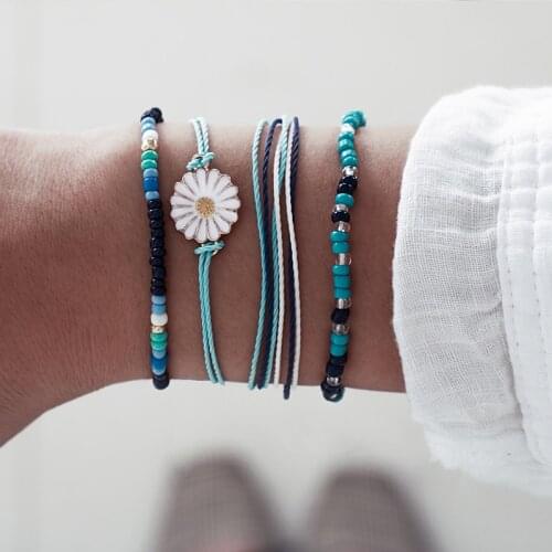 Tocona Handmade Cotton String Tassel Woven Bracelets Set Charms Flower Bracelet for Men Women Blue Beads Lucky Friendship 8714