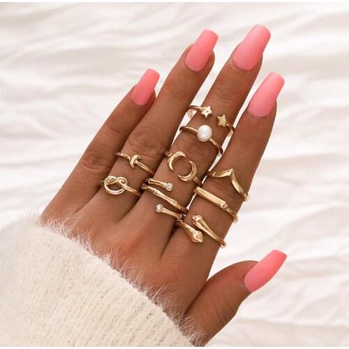 Modyle Bohemian Geometric Rings Sets Clear Crystal Stone Gold Chain Opening Rings for Women Jewelry Accessories