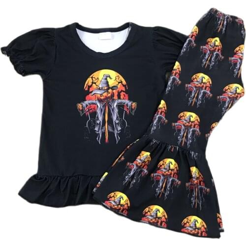 New Halloween Terrorist Pumpkin Print Pants Kids Clothing Set Short Sleeve Boys and Girl Outfit