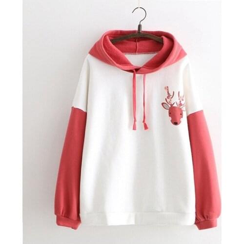 Autumn Winter Sweet Warm Hooded Sweatshirts Women Casual Drop Shoulder Deer Print Hit Color Hoodies Student Fresh Thicken Tops