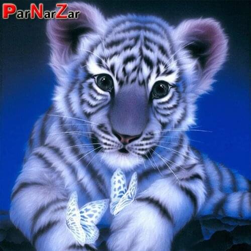 ParNarZar Full Round/ Square Diamond Embroidery Cross Stitch DIY 5D Mosaic Full Diamond Painting White Tiger Play Butterfly