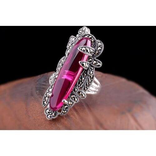 Luxury Female Natural Red Jade Stone Ring 100% Real Thai Sterling Silver Engagement Rings For Women Vintage Big Wedding Ring