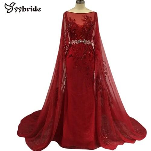 YYbride New Red Wine Tulle Crystals Illusion Evening Dresses Long Cape Prom Dresses Luxury Backless Beading Celebrity Dresses