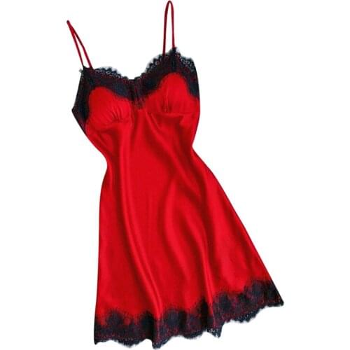 Women Sexy Lace Trim Satin Nightdress Lingerie Sleepwear Night Gown Red
