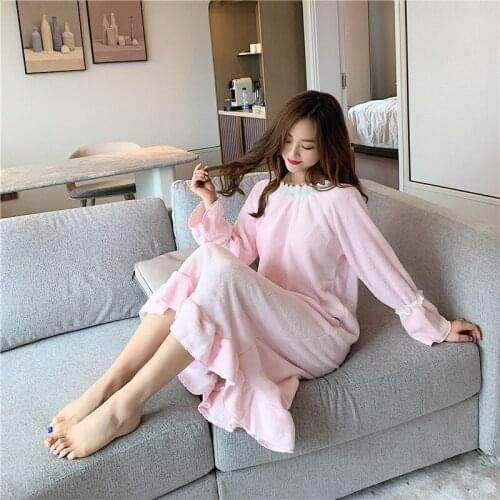 Ladies night skirt winter thick yukata kimono sexy lace autumn Korean bathrobe women sweet home wear ruffle night dress pijama