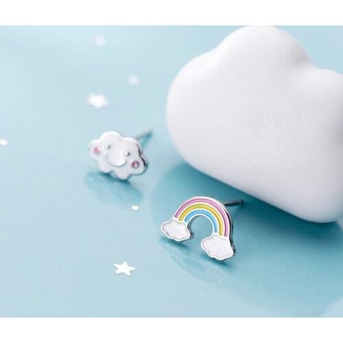 925 Sterling Silver Earrings 2020 Cute Kawaii Stud Earrings Jewelry for Women Asymmetric Cloud Rainbow Earrings Kids Girl