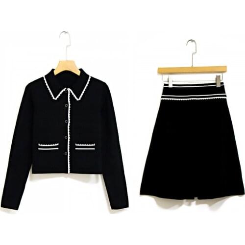 Womens Black Suit Long Sleeve Pocket Office Ladies Suit French Brand Knitted Slim Cardigan with Mini Skirt Suit