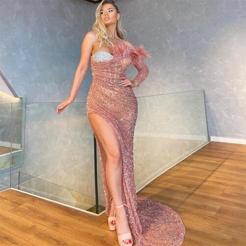 2021 One Shoulder Evening Dress Beading Feather Sequins Mermaid Prom Gowns Side Split Sexy vestido de novia