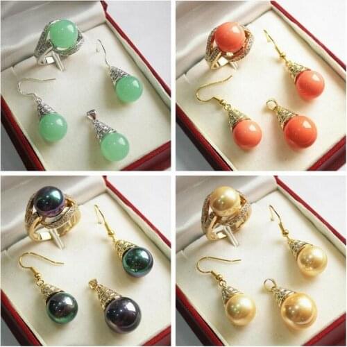 AAA 12mm Round Green Jade/Shell Pearl Beads Pendant Necklace Earrings Ring Set