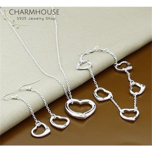 Charmhouse Silver 925 Jewelry Sets For Women Heart Earrings Bracelet Necklace 3pcs Wedding Bridal Jewelry Set Party Gifts Bijoux