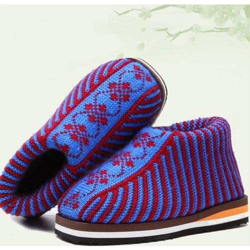 Home Woolen Cotton Shoes Man Women Winter Colorblock Printing Retro Cotton Fabric Shoes Indoor Keep Warm Non-Slip Knitted Shoes