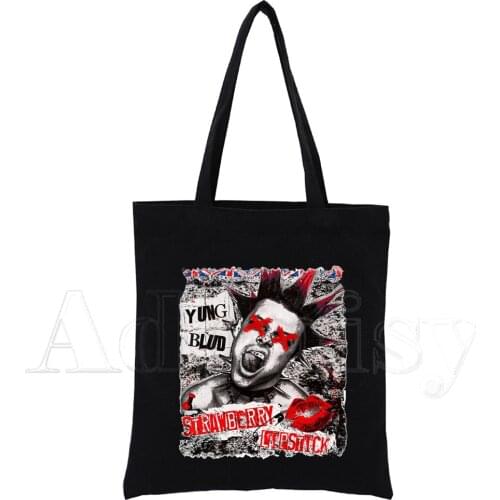 Yungblud Graphic Cartoon Printed Canvas Shoulder Bag Female Harajuku Funny Large-capacity Eco Environmental Shopper Bag Black