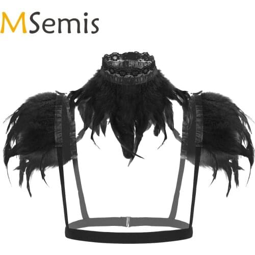 MSemis 2Pcs Women Shrug Shawl Gothic Victorian Natural Feather Shoulder Wrap Cape with Lace Hem Collar Halloween Costume Party