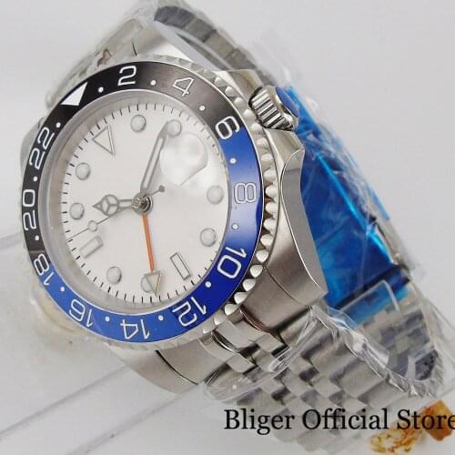 BLIGER Sterile SelfWinding Men Wristwatch Whhite Dial GMT Date Window Jubilee Band Sapphire Glass
