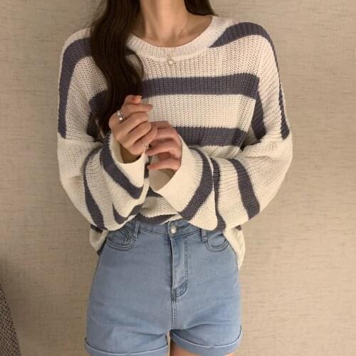 Alien Kitty 2021 New Striped Kintted Sweater Hollow-Out Sunscreen Shirts Ice Silk Long-Sleeved Chic Loose Breathable Tops