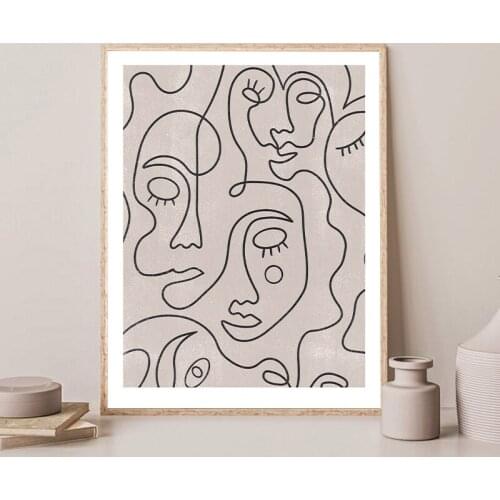 Face Woman Single Line Art Poster Nordic Simple Wall Art Canvas Painting Print Boho Neutral Wall Pictures for Living Room Decor