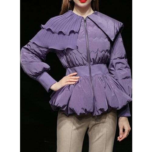 Winter New Padded Down Coats 2021 Unique Elegant Pleated Lapel Collar Zipper Elastic High Waist White Duck Down Purple Outerwear