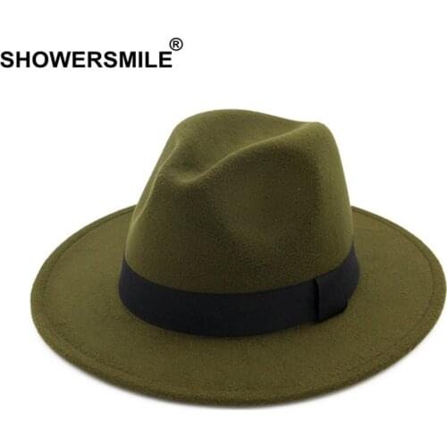 SHOWERSMILE Deep Green Pork Pie Hat Hat Fedora Woolen Autumn Winter Hats for Women Men British Syle Wide Brim Panama Cap
