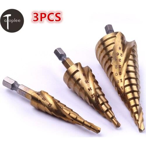3PCS 4-12mm,4-20mm,4-32mm HSS Titanium Hex Shank Spiral Groove Step Drill Bit Hole Cutter Wood Cone Saw Power Drill Tools