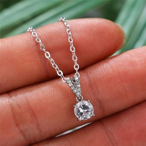 Vintage Silver Color Chain Necklace Cute Female White Crystal Round Pendant Necklace Fashion Rainbow Wedding Necklaces For Women