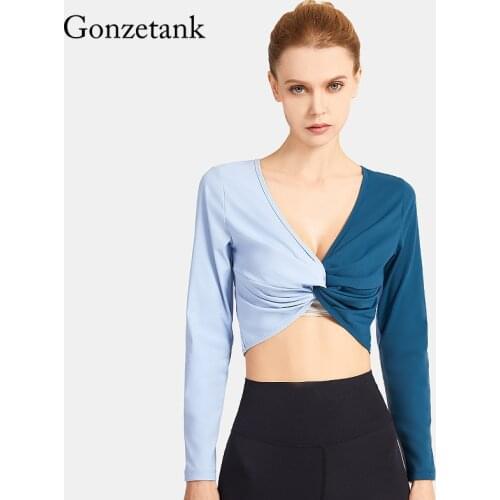 Long Sleeves Womens Yoga Clothing Sexy Double-Sided Reversible V-Neck Wear Breathable Slim Back Sports Outdoor Running Top