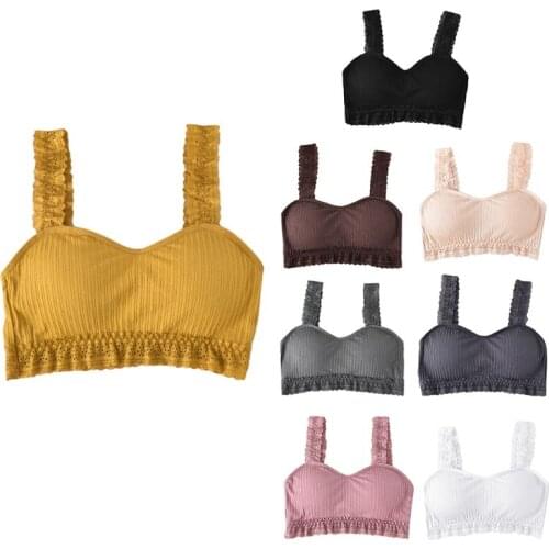 Womens Ruffles Lace Ribbed Sport Bra Push Up Wirefree Cross Strappy Underwear F3MD