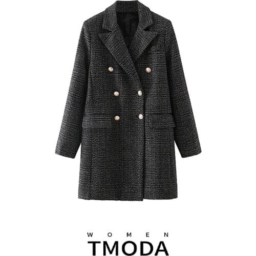 TMODA354 Women Casual Double Breasted Blazer Notched Neck Lady Long Sleeve Office Coat Female Outerwear Chic Overcoat Jacket